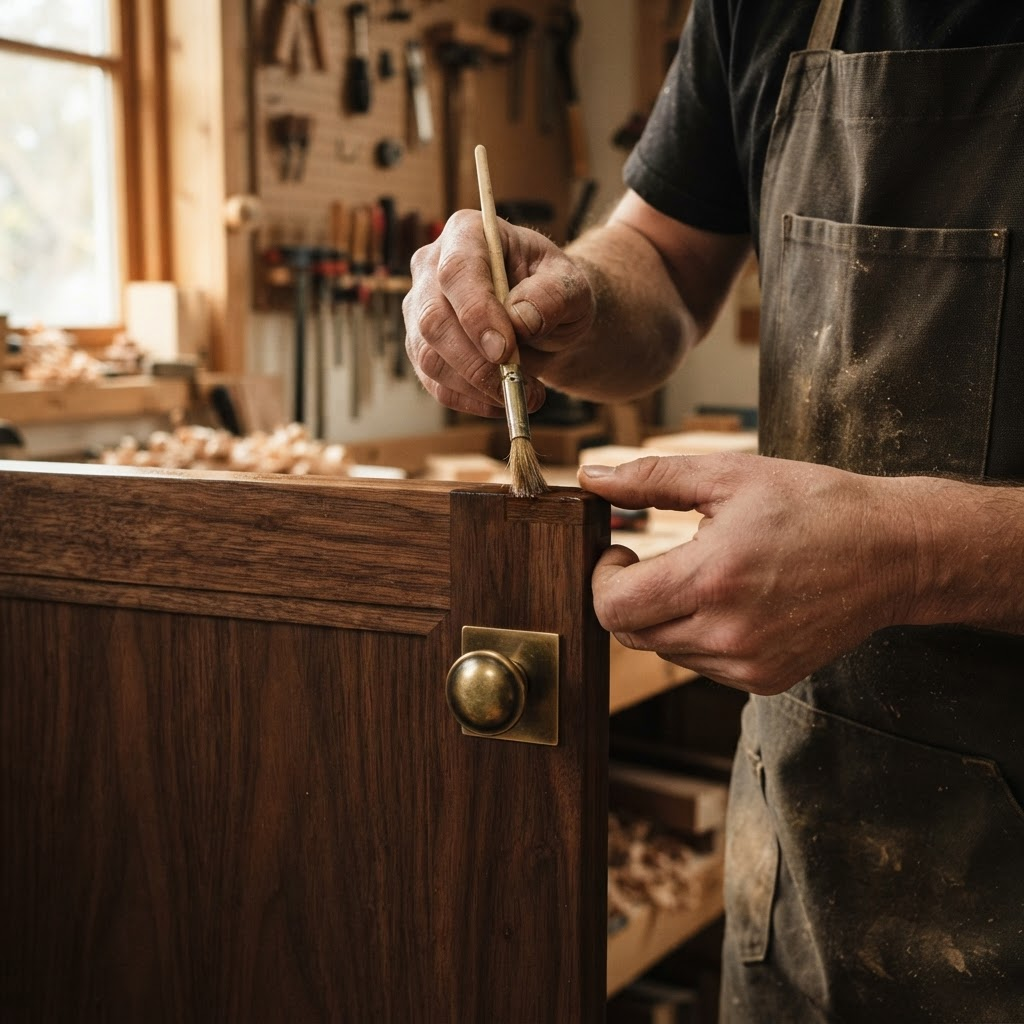 Carpenter finishing bespoke walnut cabinetry with brass hardware
