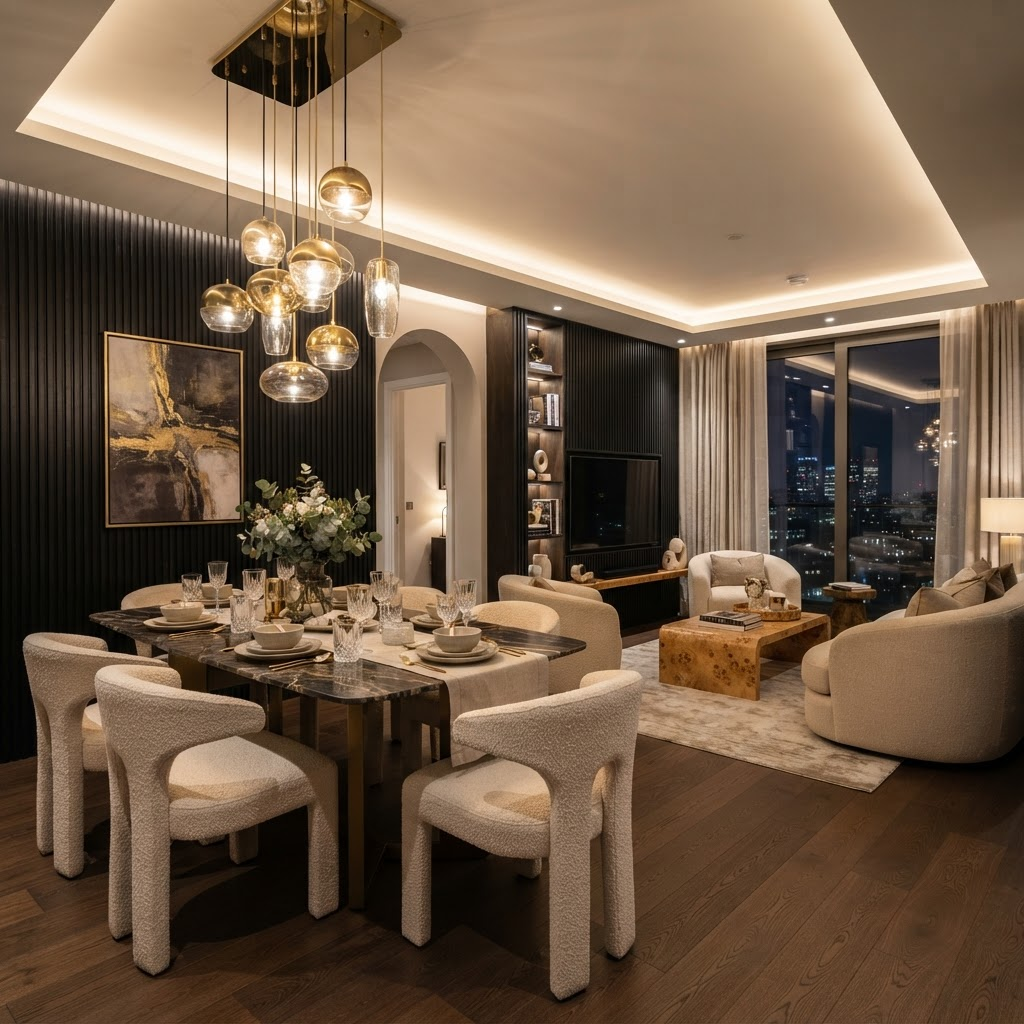 Devkansh Interior designed dining and living area with gold pendant lights