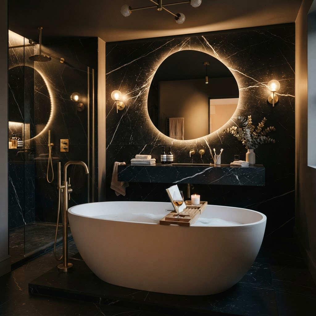 Stone & Brass Bath — Bathroom interior in Juhu, Mumbai by Devkansh Interior