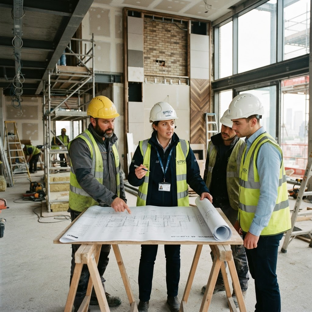 Project manager reviewing interior drawings with the team on site